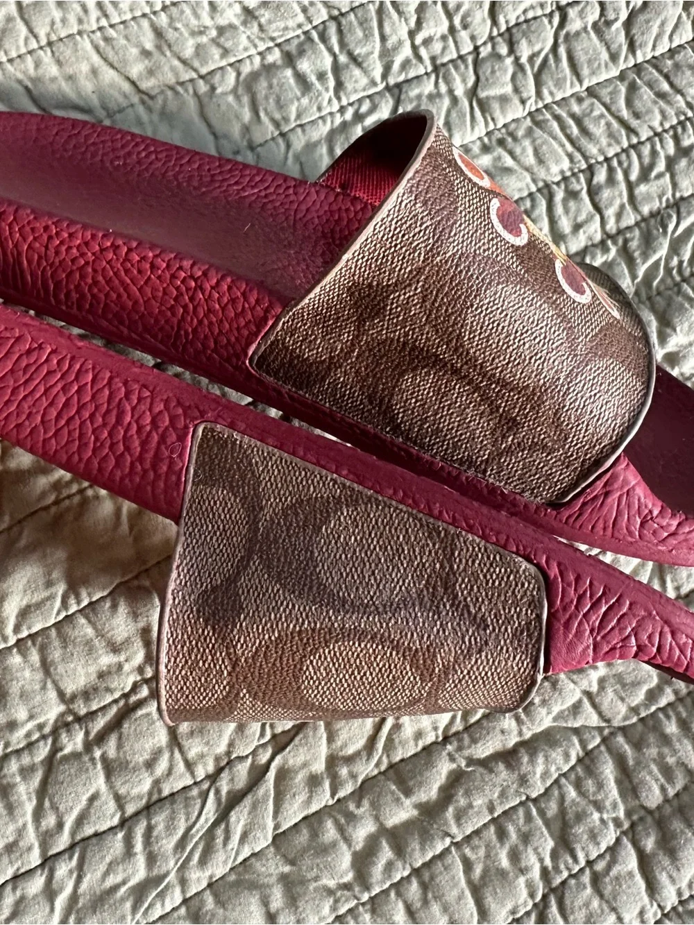 Coach Maroon Logo Monogram Slide Sandals with Multicolor Accents